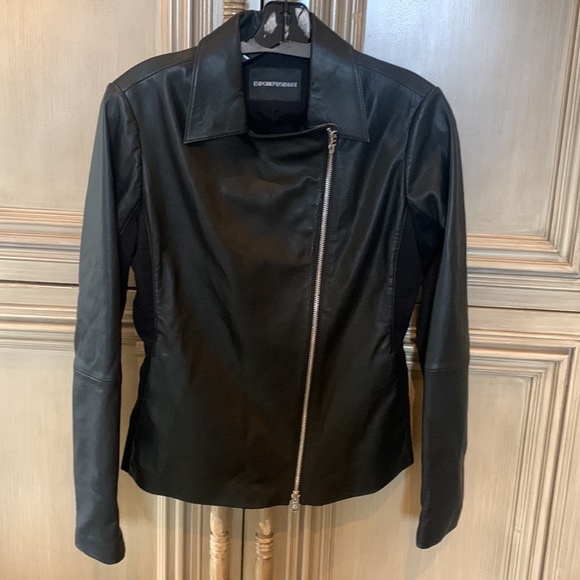 Emporio Armani Black Leather Jacket with Jersey Insets Size 44/US 8 NWT - Picture 6 of 9